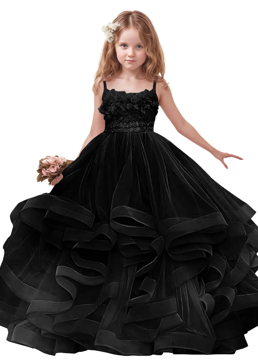 3D Floral & Ruffle Tulle Flower Girl Dress