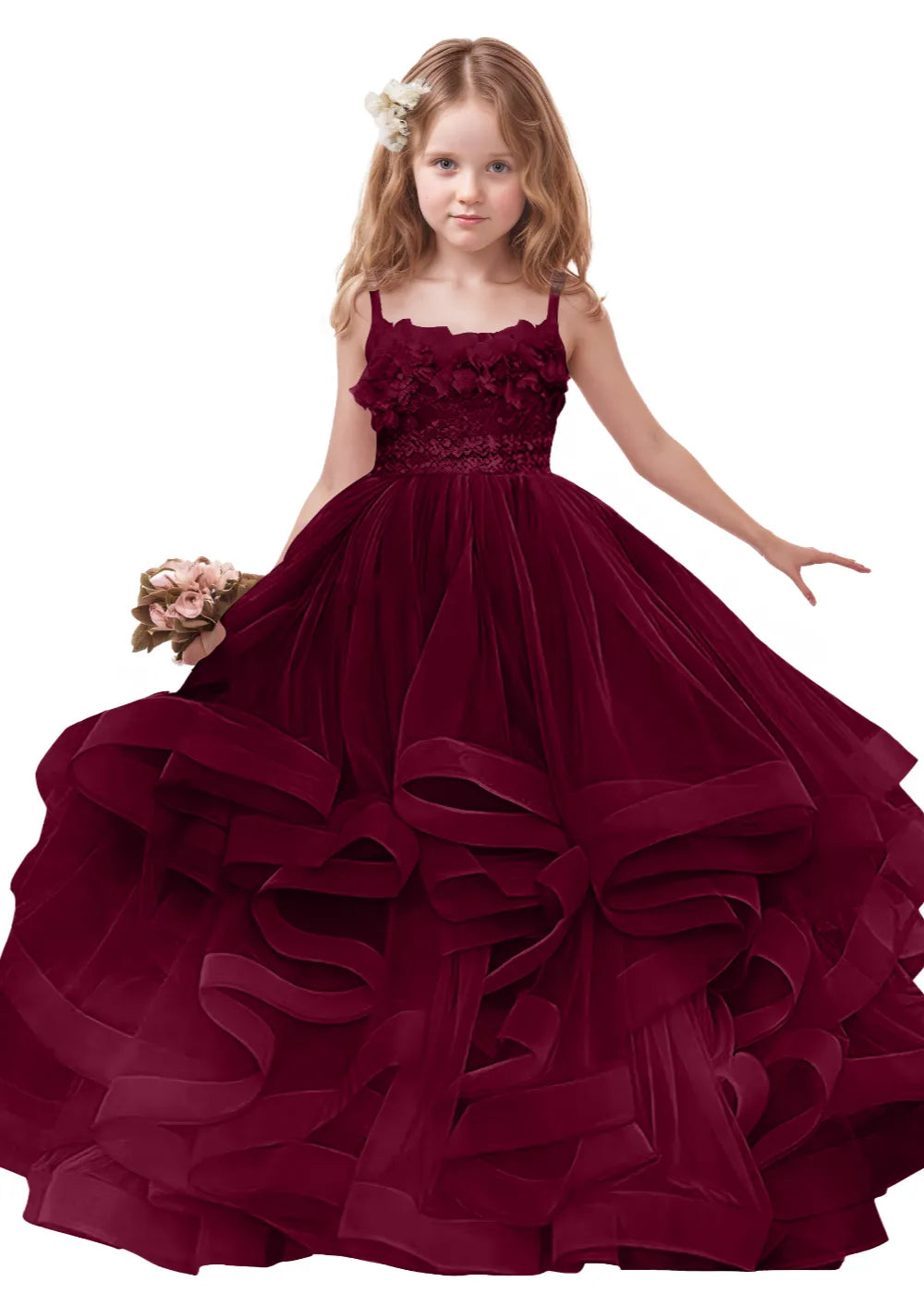 3D Floral & Ruffle Tulle Flower Girl Dress
