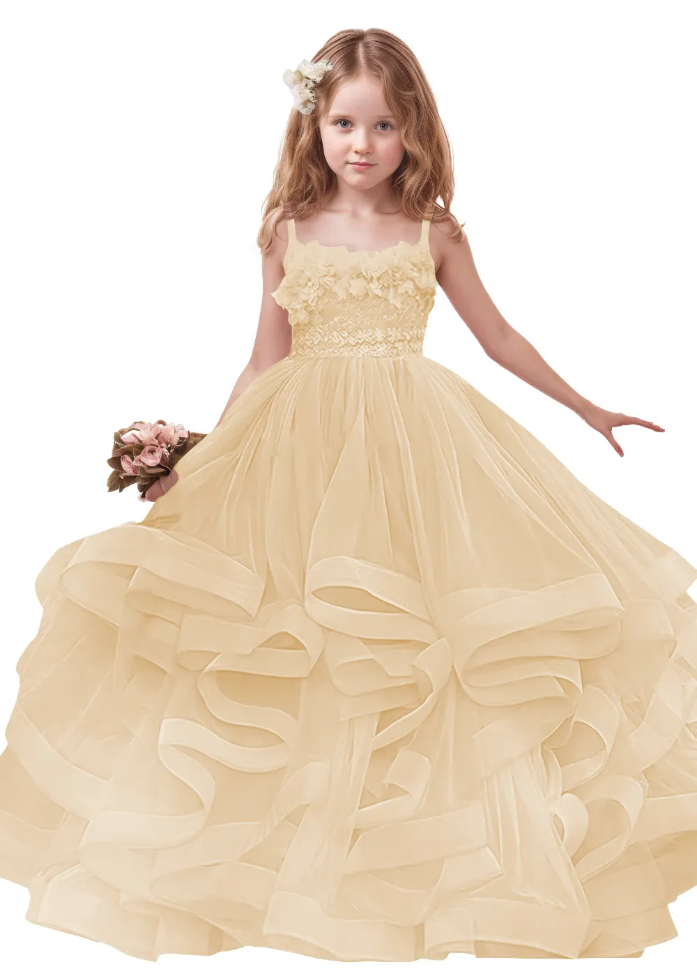 3D Floral & Ruffle Tulle Flower Girl Dress