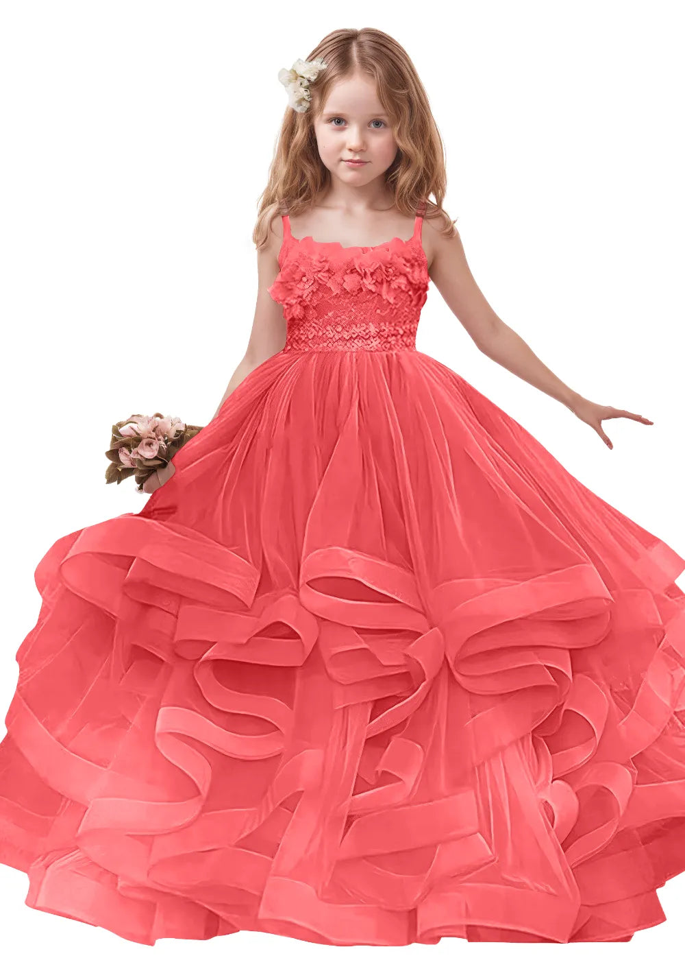 3D Floral & Ruffle Tulle Flower Girl Dress