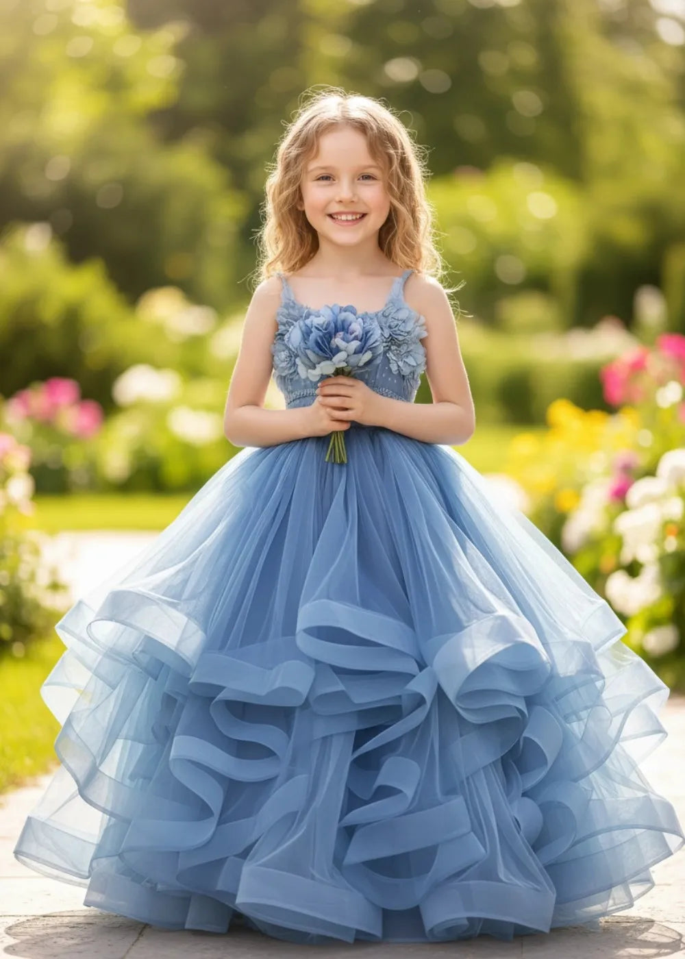 3D Floral & Ruffle Tulle Flower Girl Dress