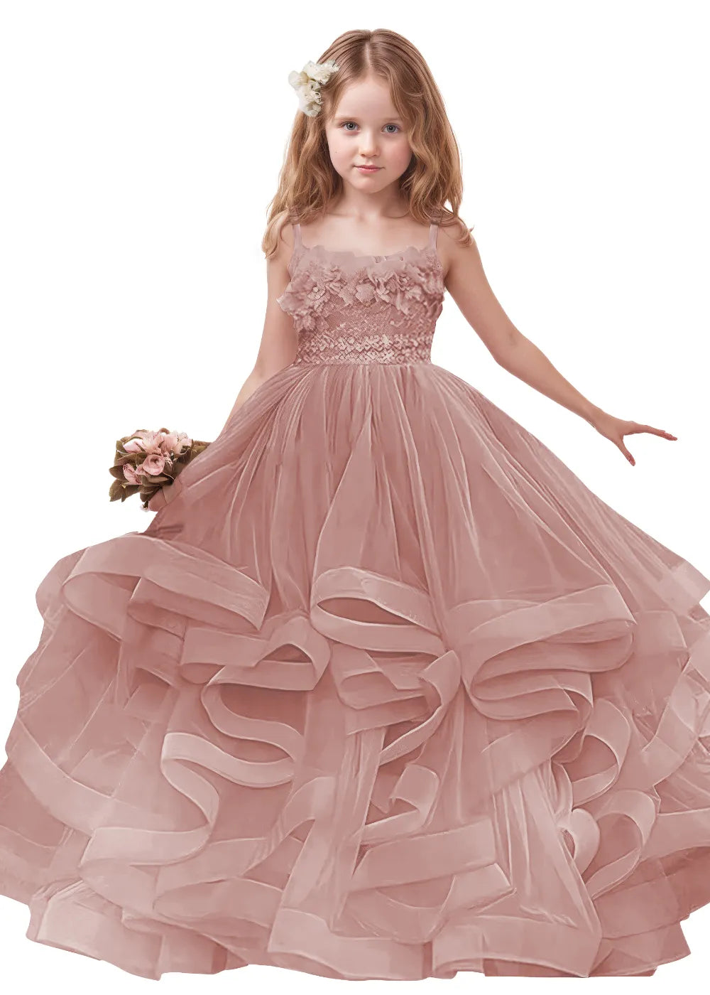 3D Floral & Ruffle Tulle Flower Girl Dress
