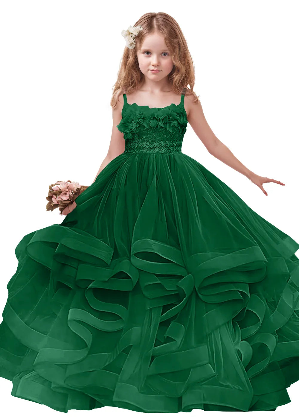 3D Floral & Ruffle Tulle Flower Girl Dress