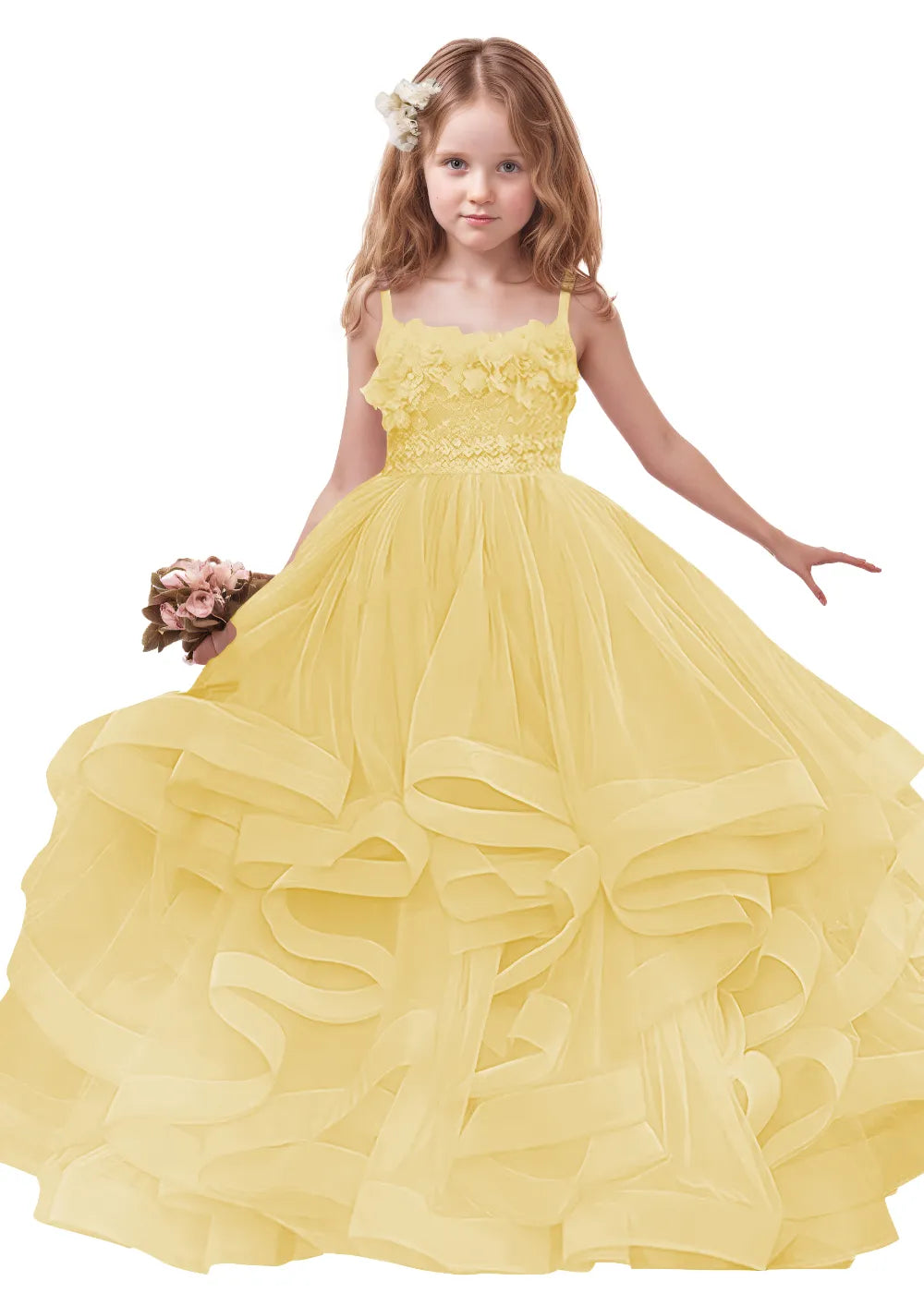 3D Floral & Ruffle Tulle Flower Girl Dress