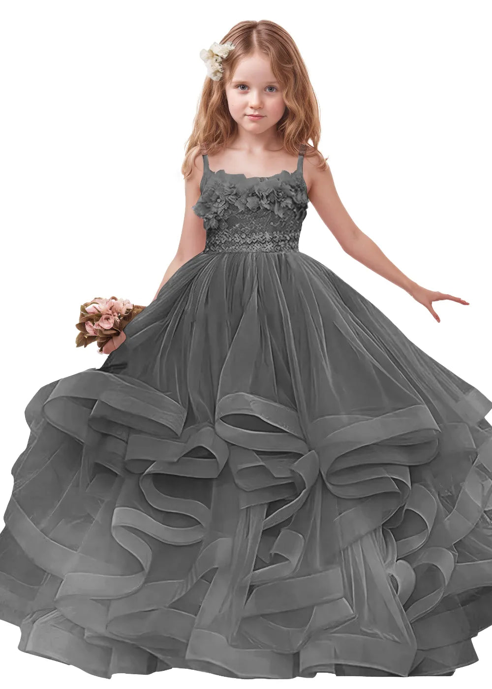 3D Floral & Ruffle Tulle Flower Girl Dress