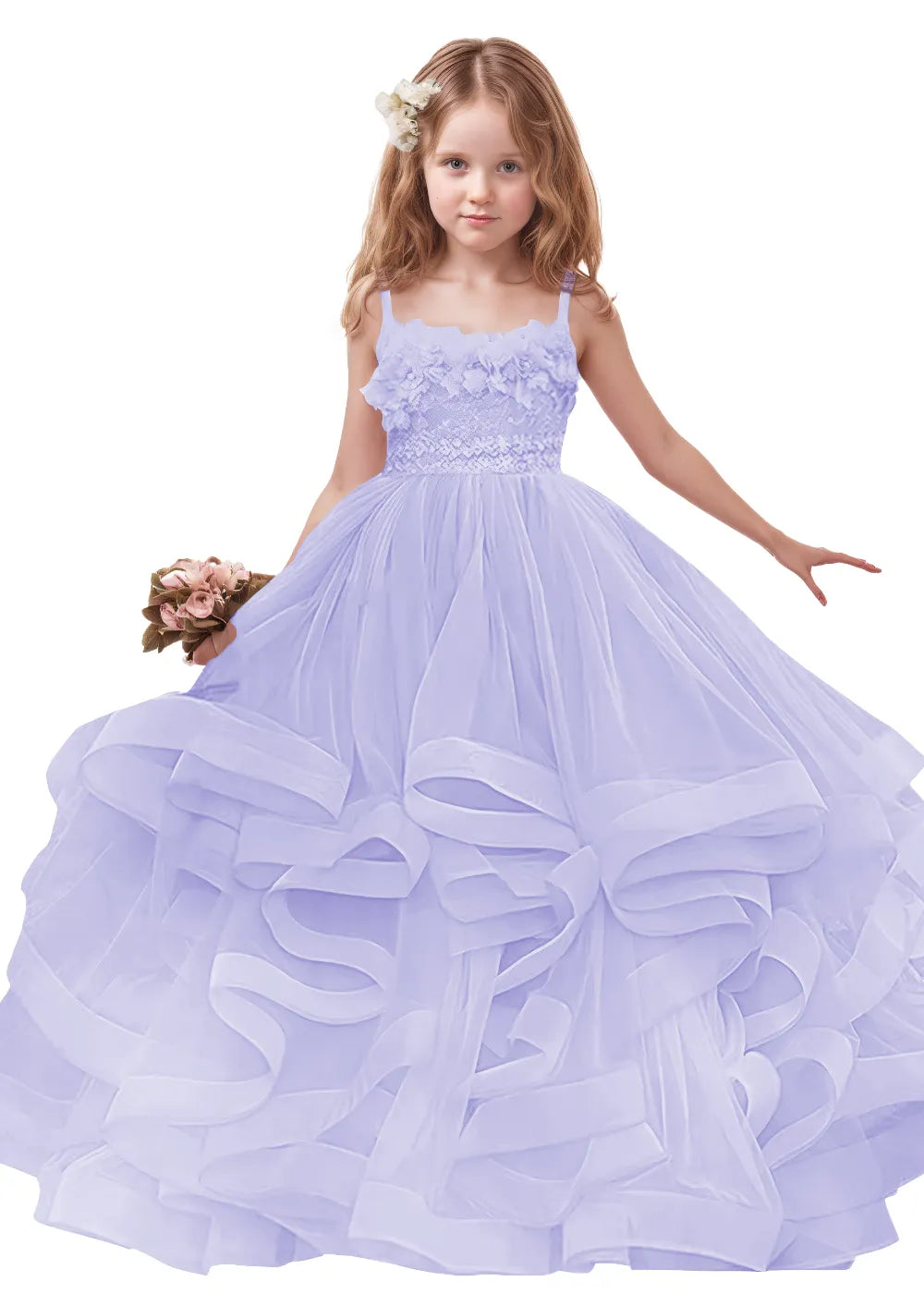3D Floral & Ruffle Tulle Flower Girl Dress