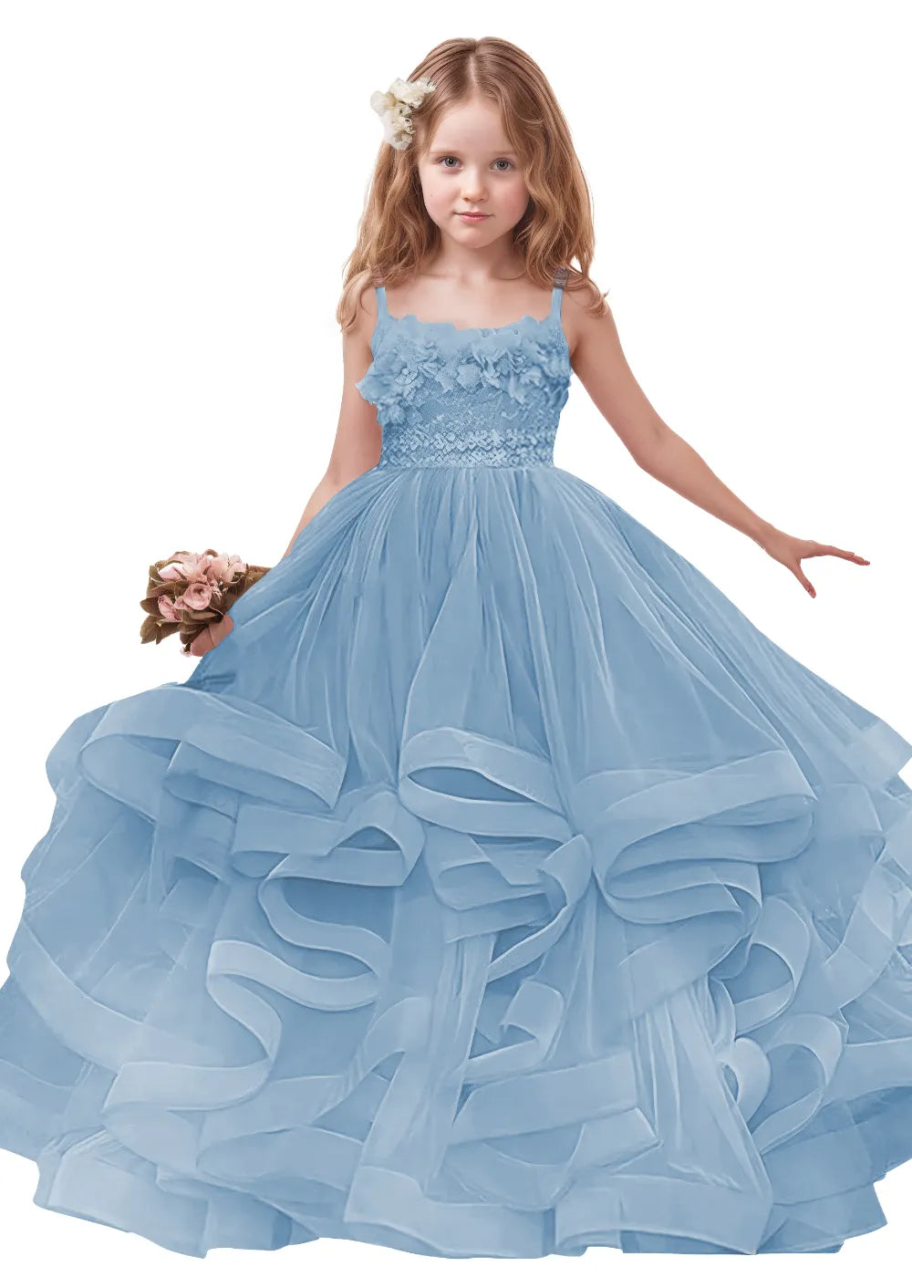 3D Floral & Ruffle Tulle Flower Girl Dress
