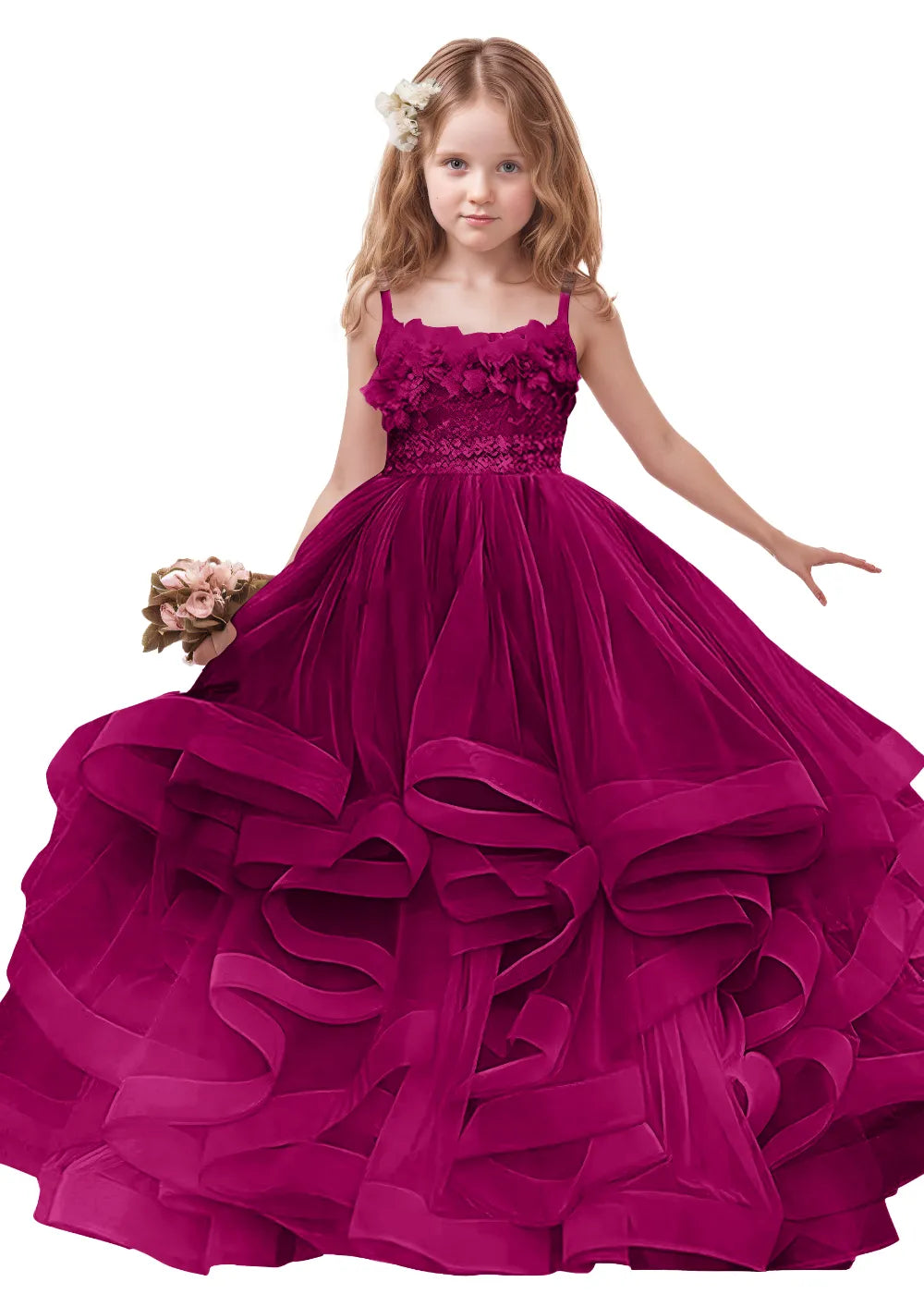 3D Floral & Ruffle Tulle Flower Girl Dress
