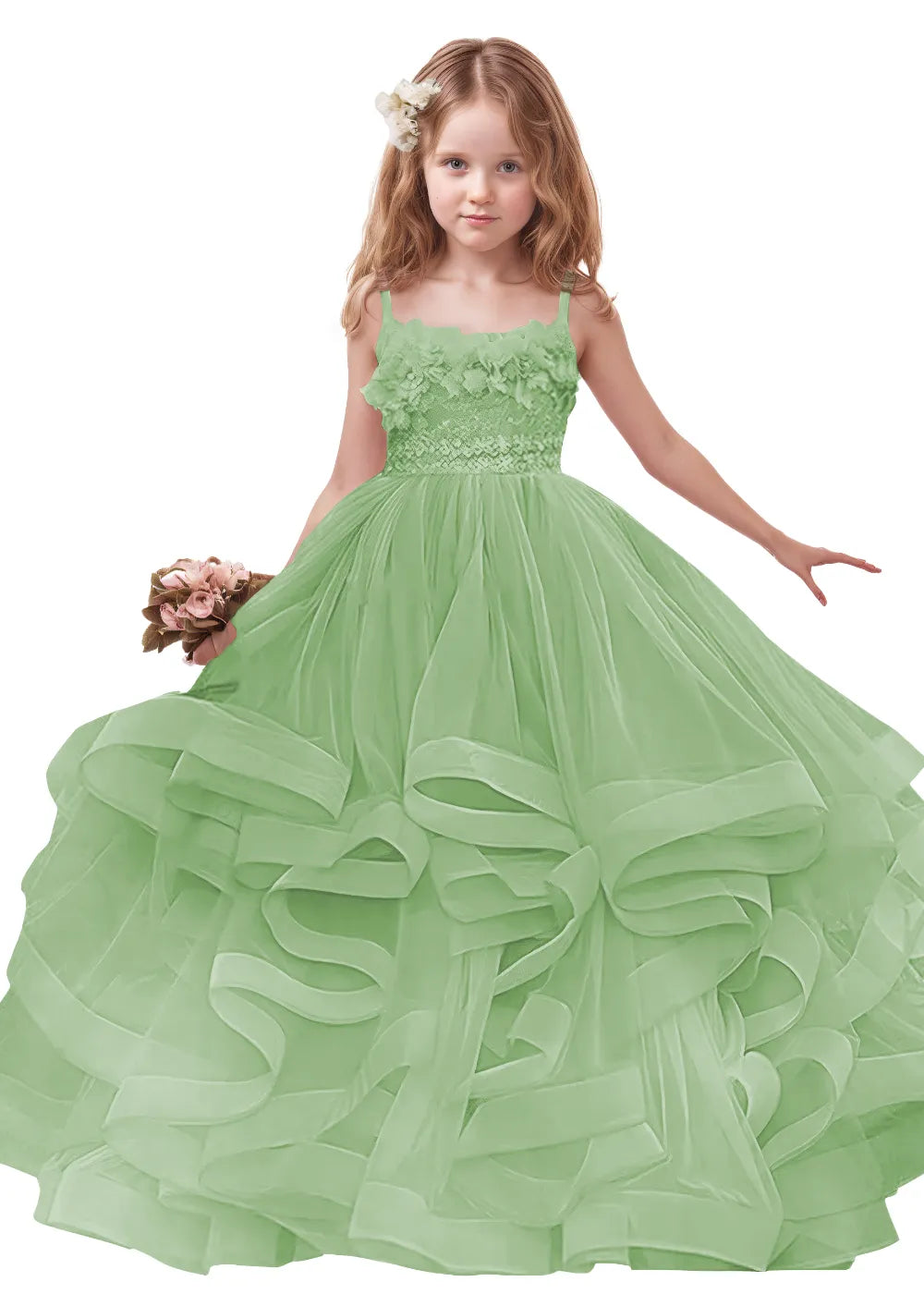 3D Floral & Ruffle Tulle Flower Girl Dress