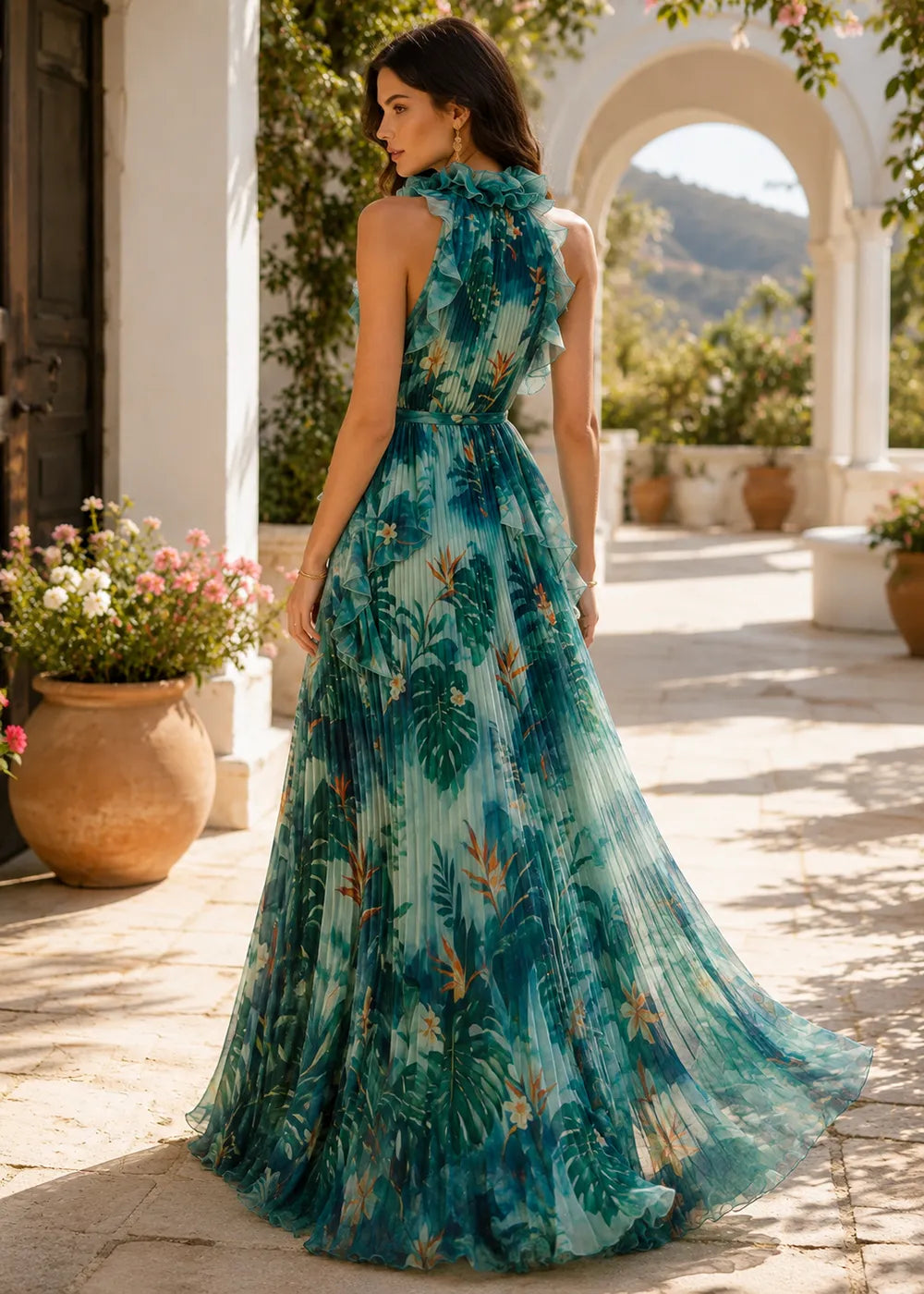 Tropical Ruffle-Neck Pleated Formal Gown