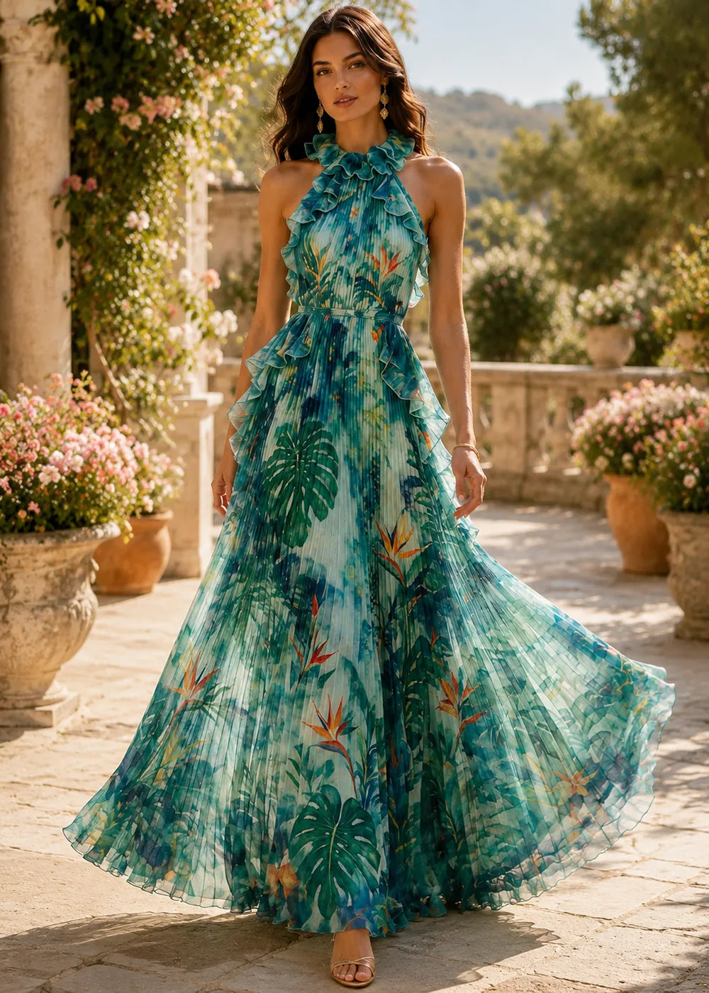Tropical Ruffle-Neck Pleated Formal Gown