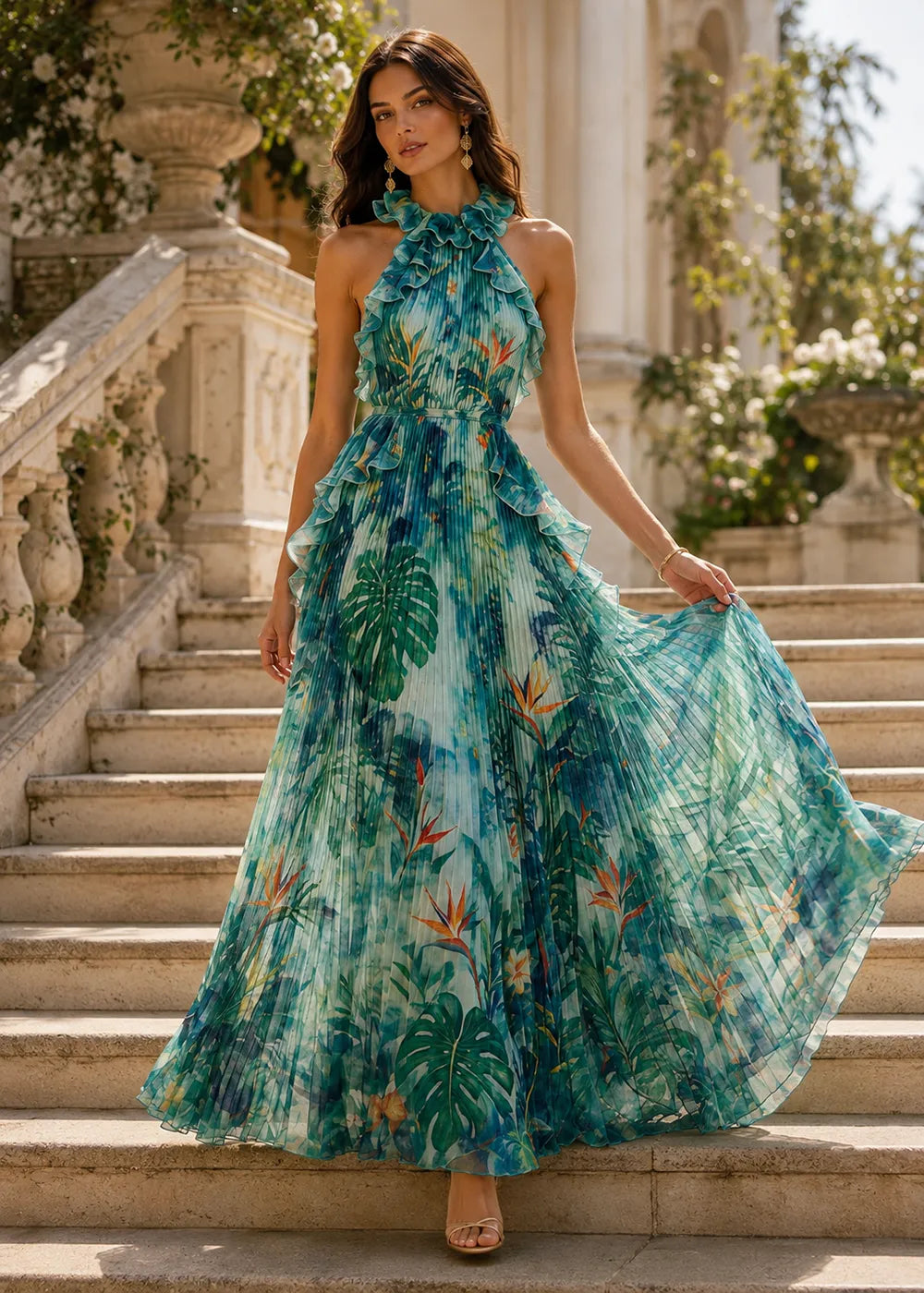 Tropical Ruffle-Neck Pleated Formal Gown