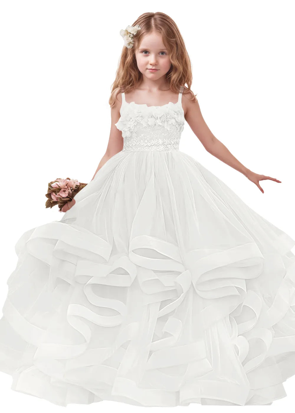 3D Floral & Ruffle Tulle Flower Girl Dress