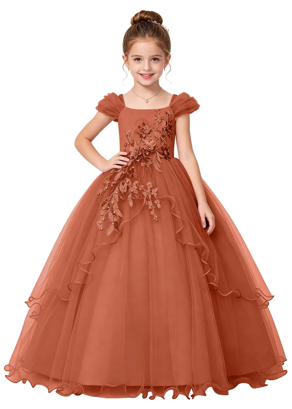 Floral Applique Tulle Girls Princess Dress