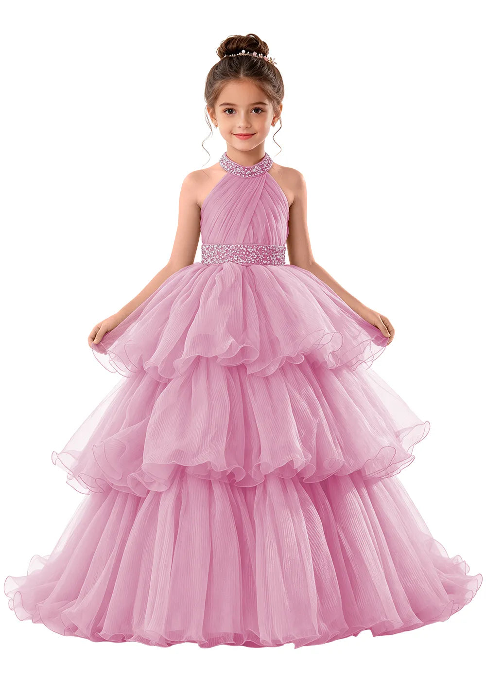 Beaded Halter Tiered Tulle Girls Pageant Gown