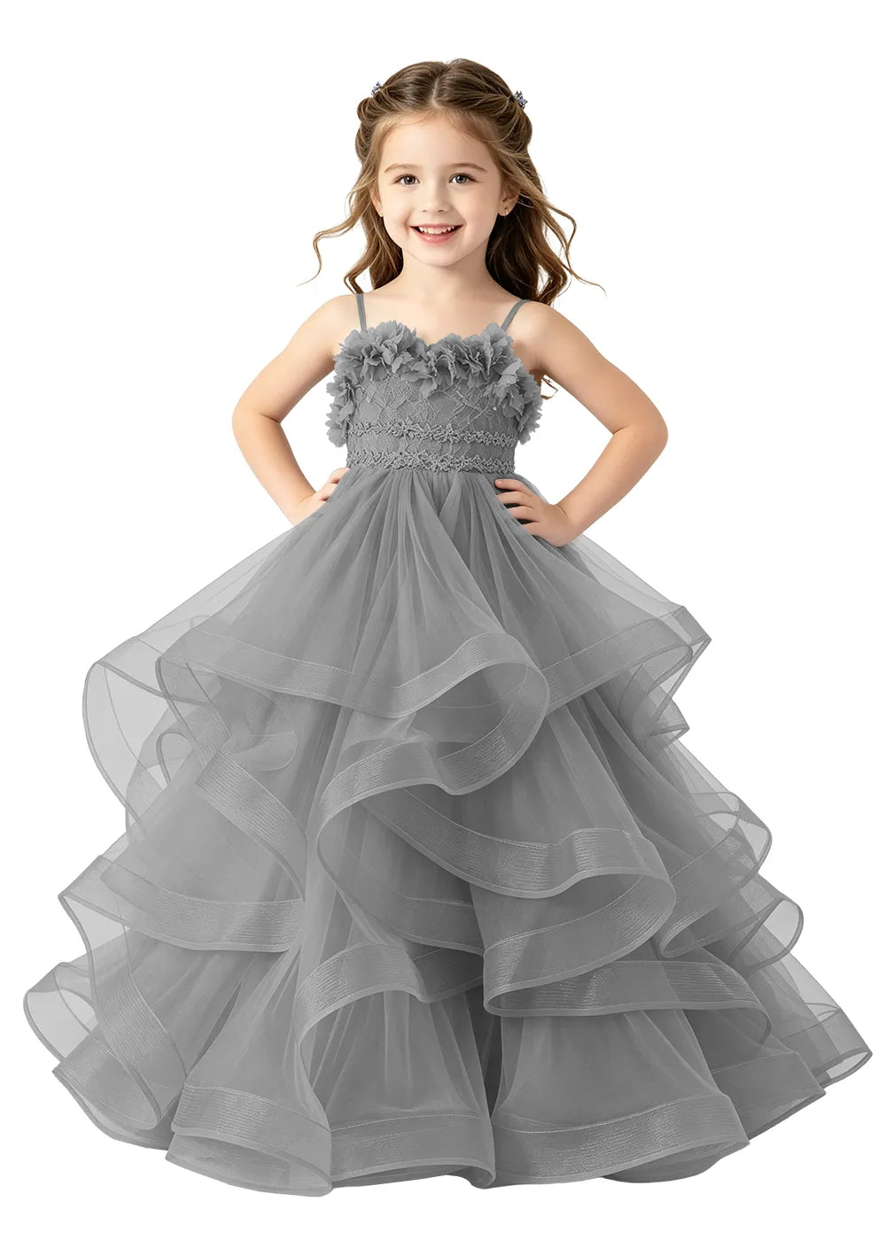 3D Floral Ruffle Tulle Girls Ball Gown