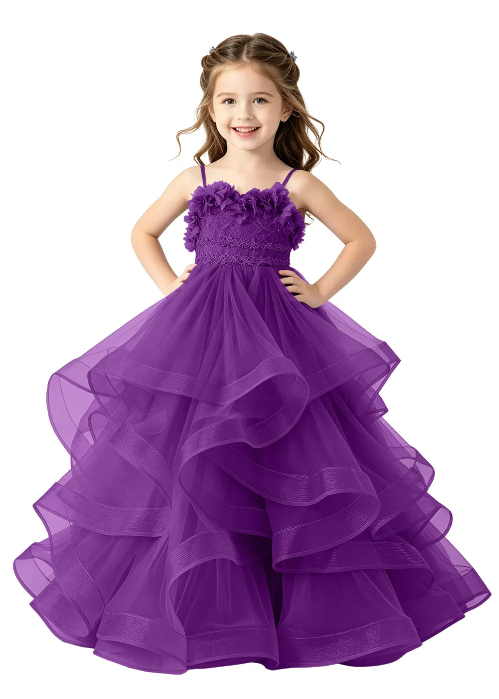 3D Floral Ruffle Tulle Girls Ball Gown