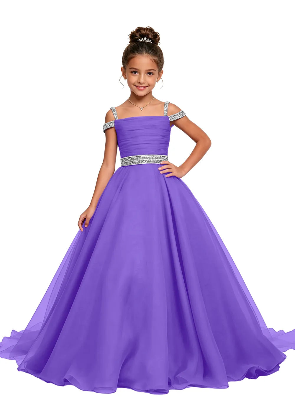 Beaded Strap Off-Shoulder Girls Ball Gown