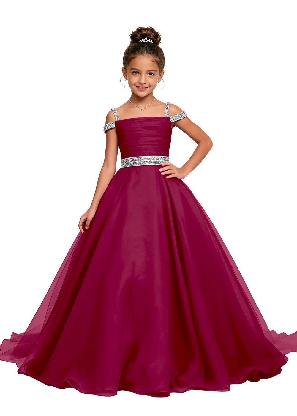 Beaded Strap Off-Shoulder Girls Ball Gown