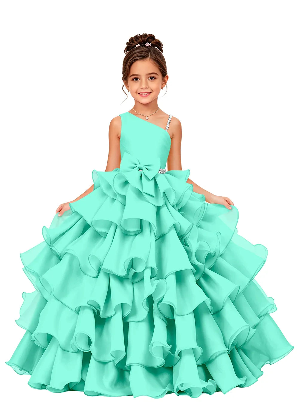 Asymmetrical Strap Tiered Organza Girls Pageant Dress