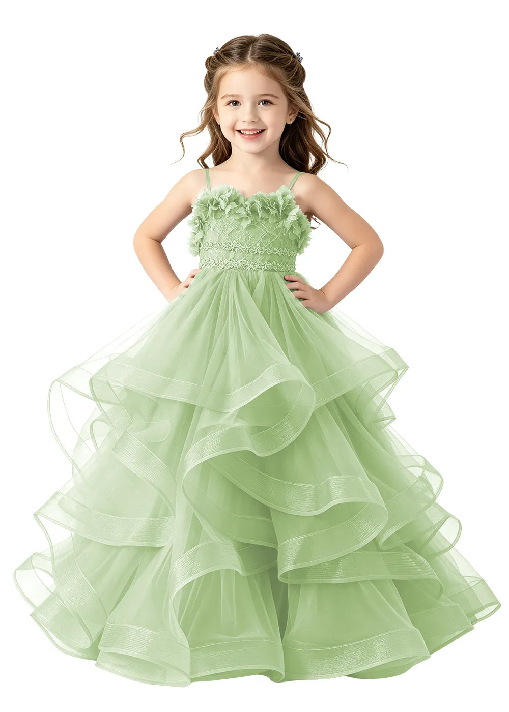 3D Floral Ruffle Tulle Girls Ball Gown