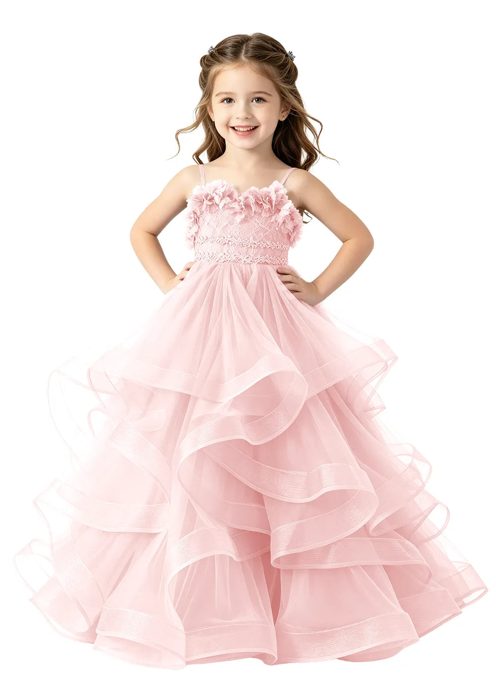 3D Floral Ruffle Tulle Girls Ball Gown
