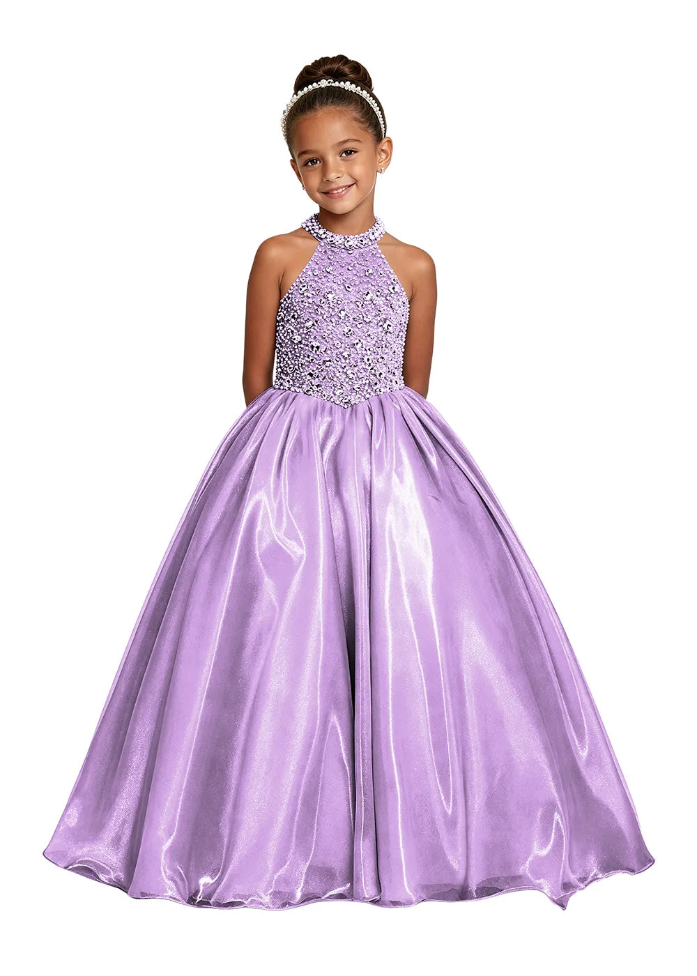 Jeweled Halter Satin Girls Ball Gown