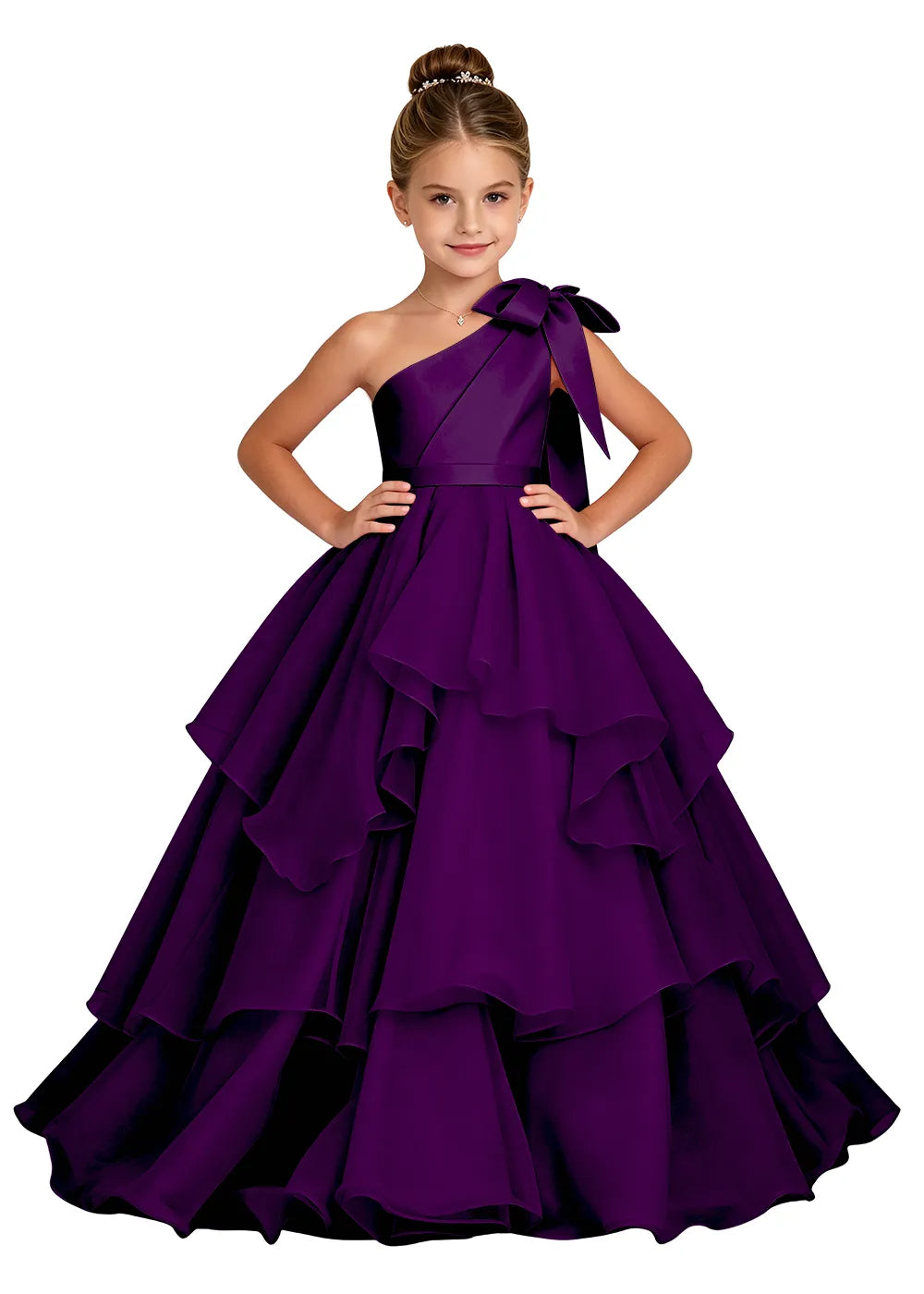One-Shoulder Bow Tulle Girls Ball Gown