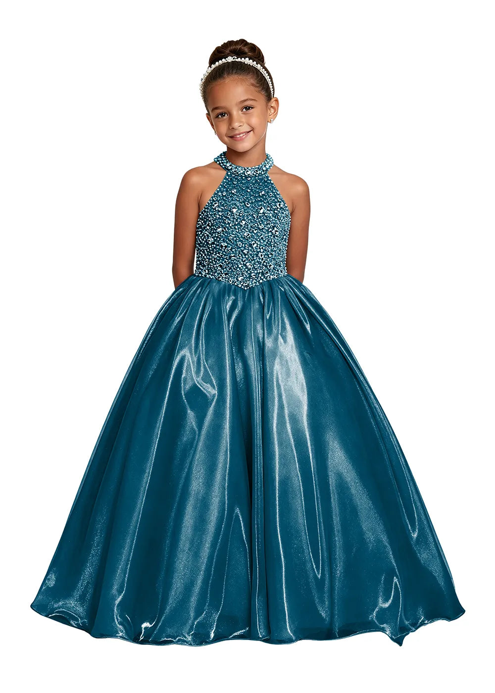 Jeweled Halter Satin Girls Ball Gown