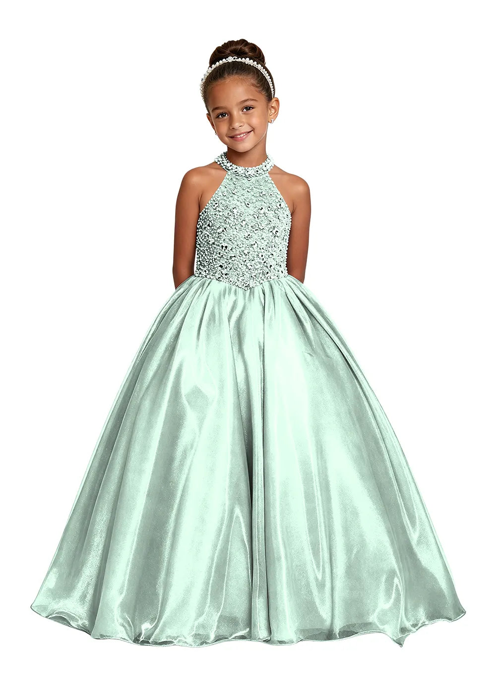 Jeweled Halter Satin Girls Ball Gown