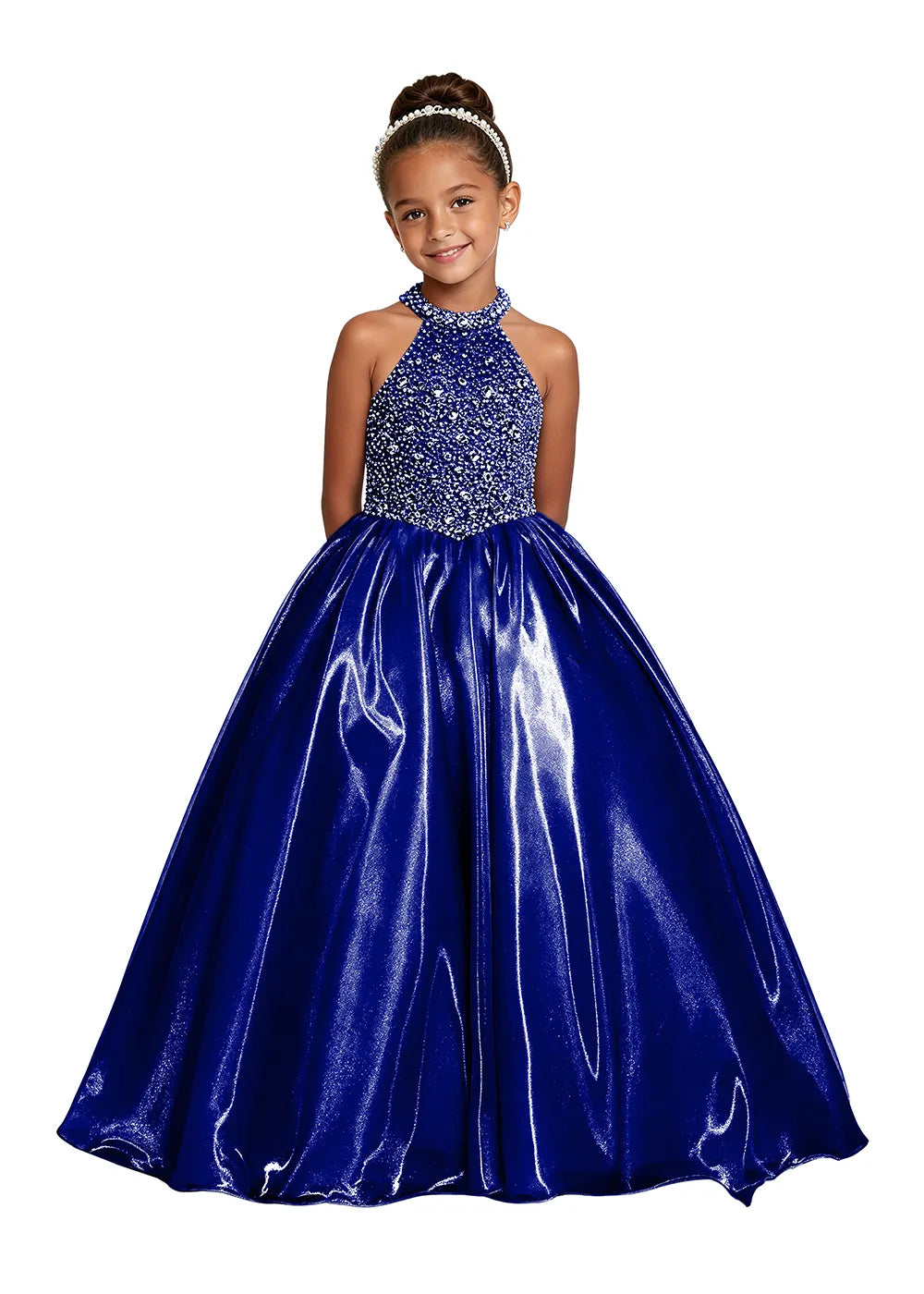 Jeweled Halter Satin Girls Ball Gown