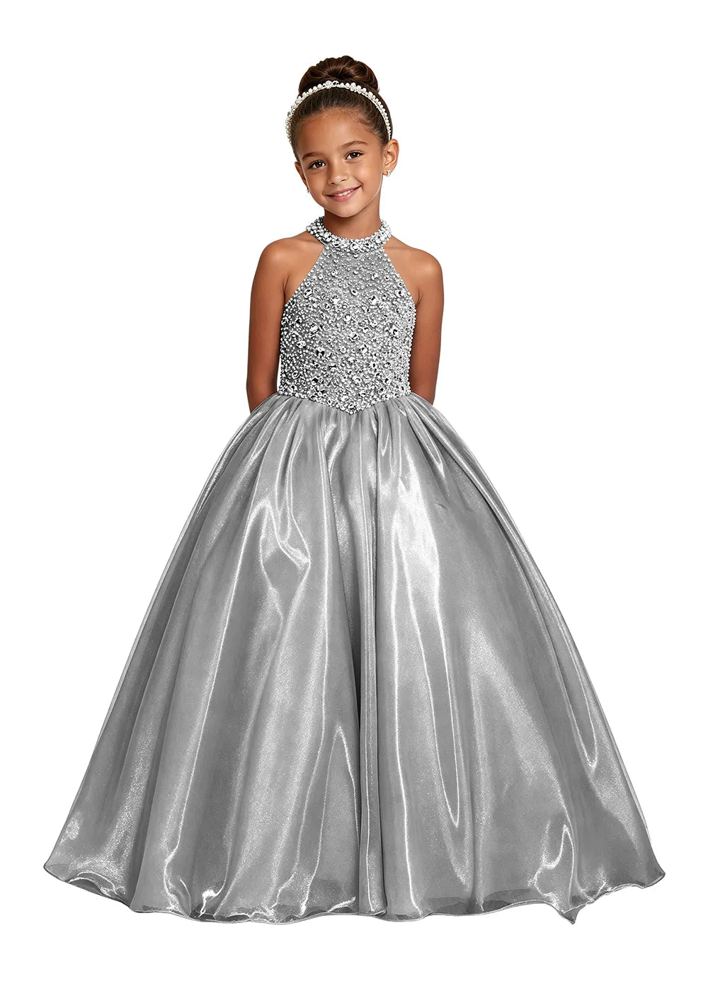 Jeweled Halter Satin Girls Ball Gown