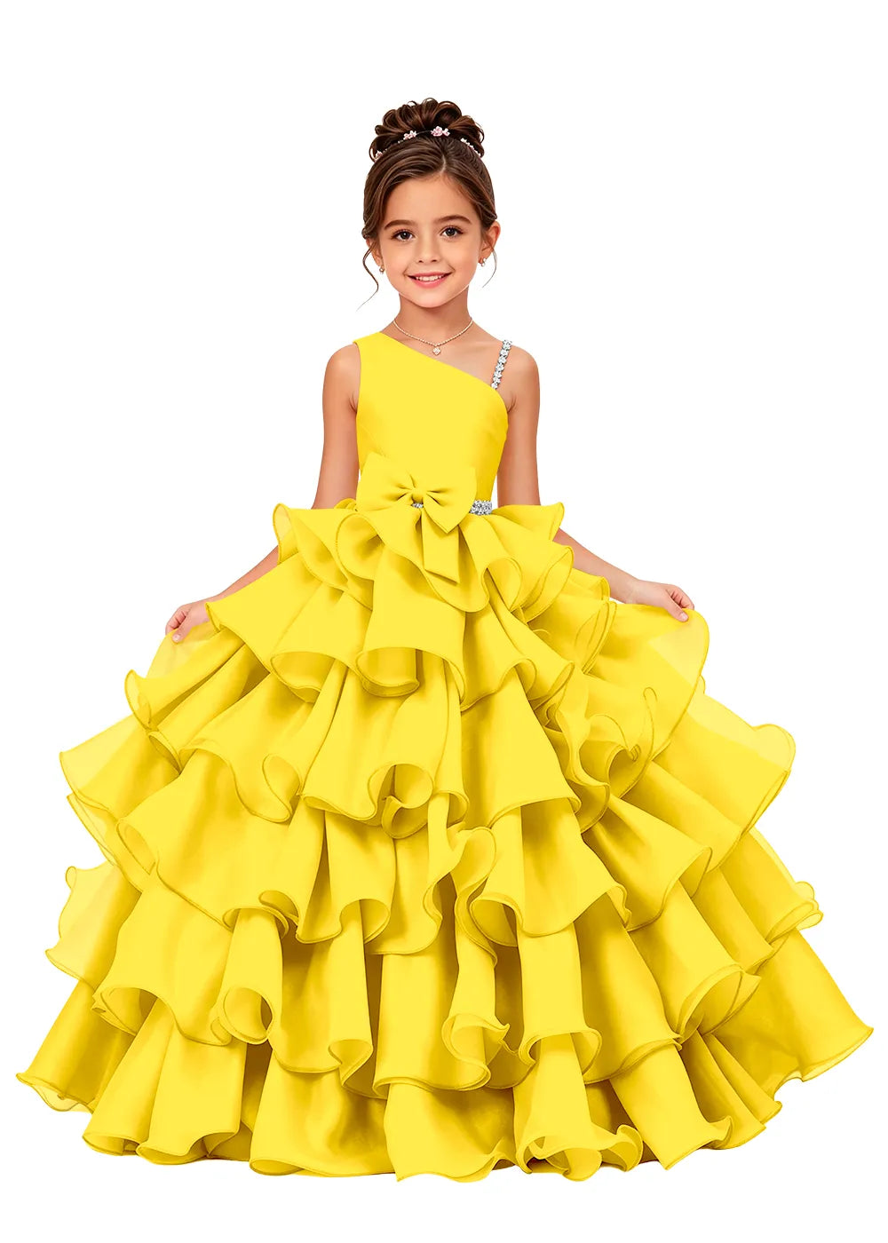 Asymmetrical Strap Tiered Organza Girls Pageant Dress