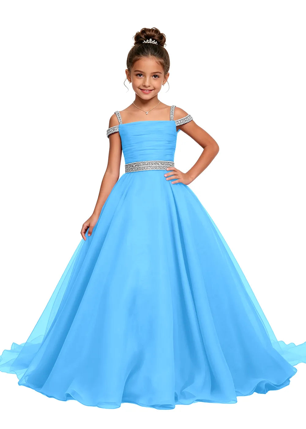 Beaded Strap Off-Shoulder Girls Ball Gown