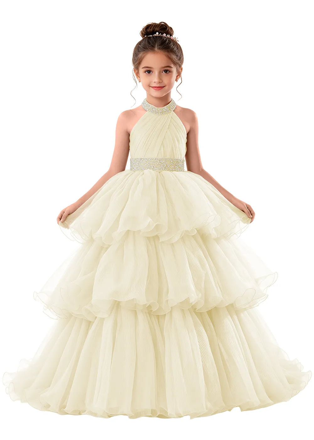 Beaded Halter Tiered Tulle Girls Pageant Gown