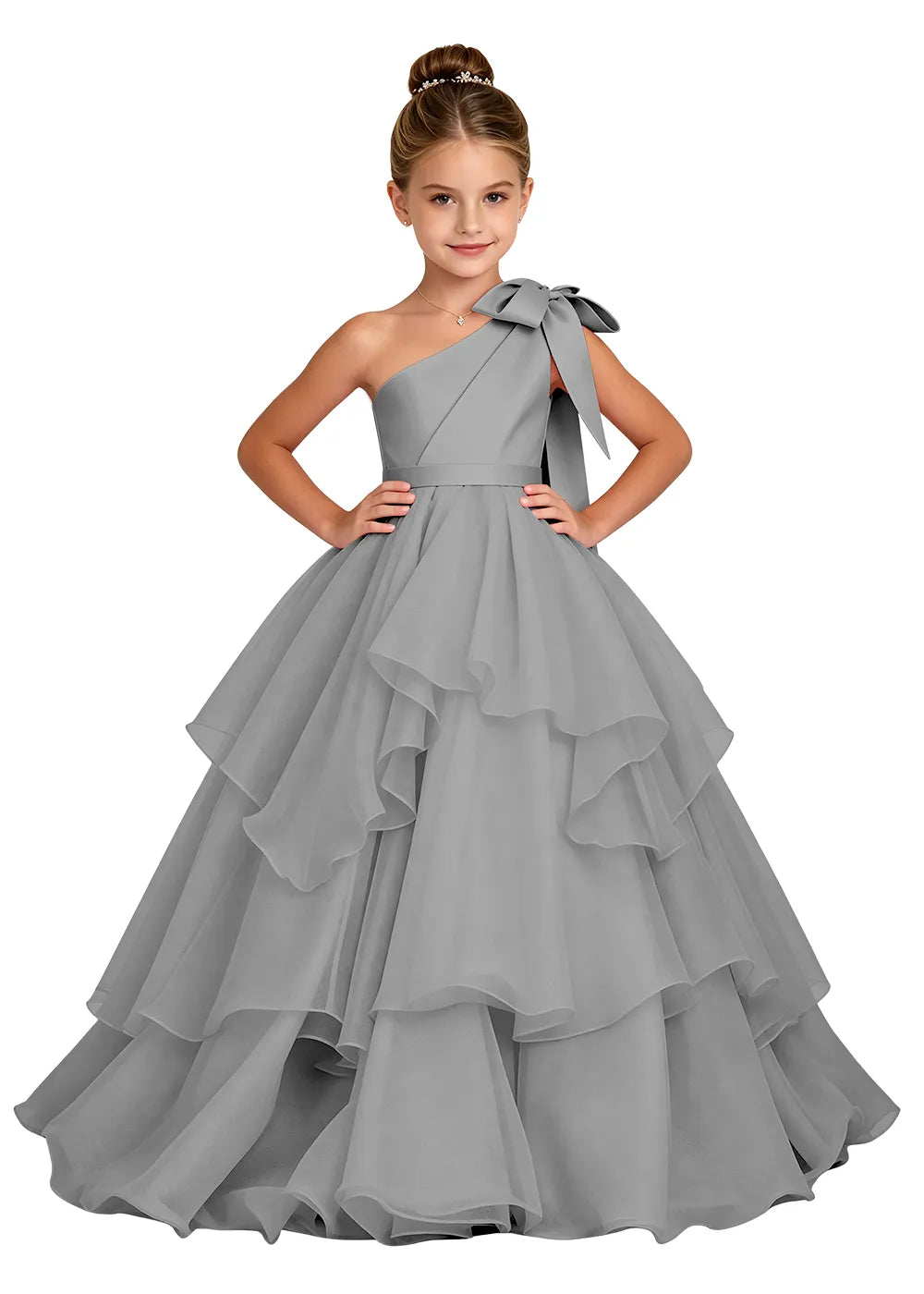 One-Shoulder Bow Tulle Girls Ball Gown