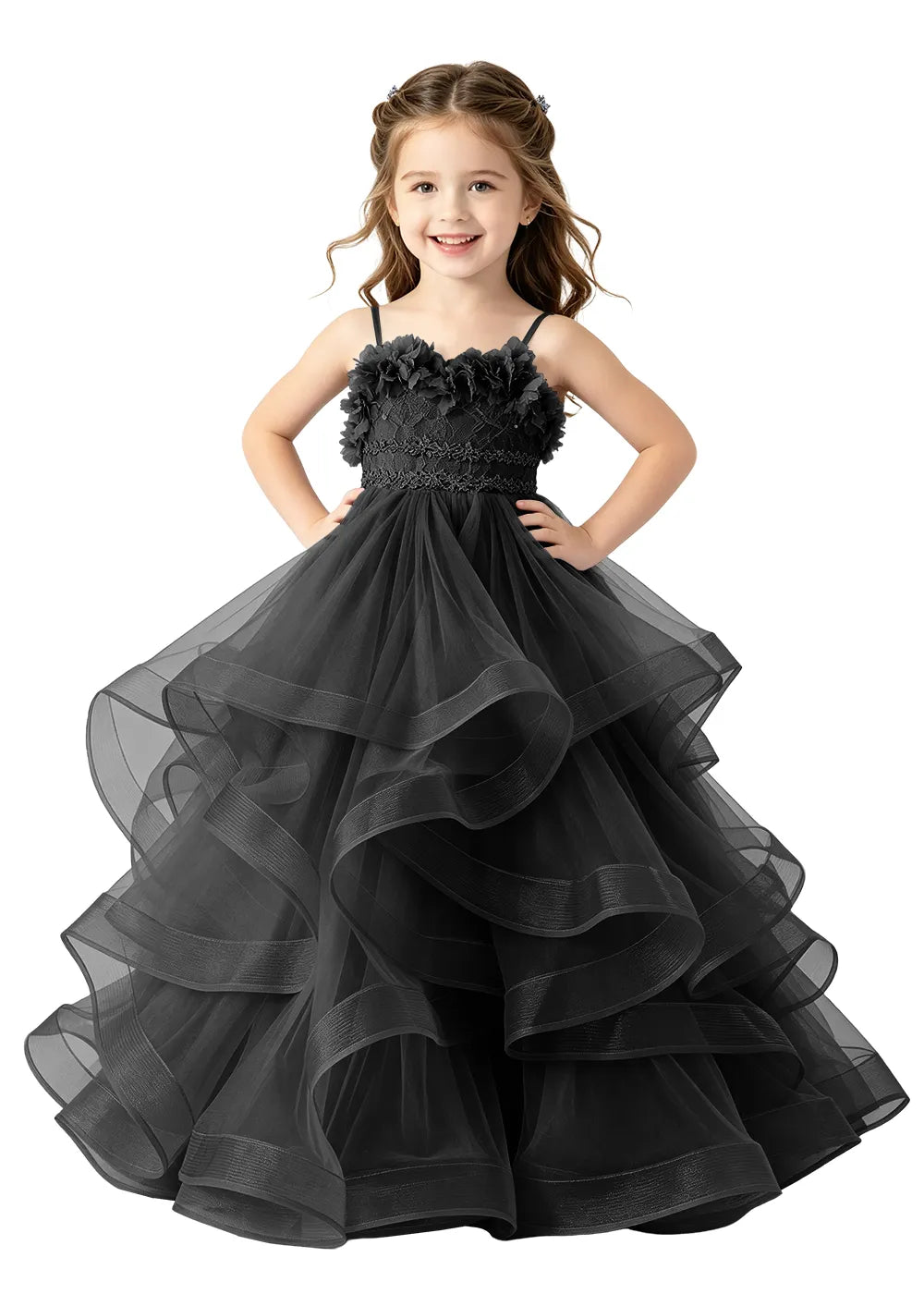 3D Floral Ruffle Tulle Girls Ball Gown