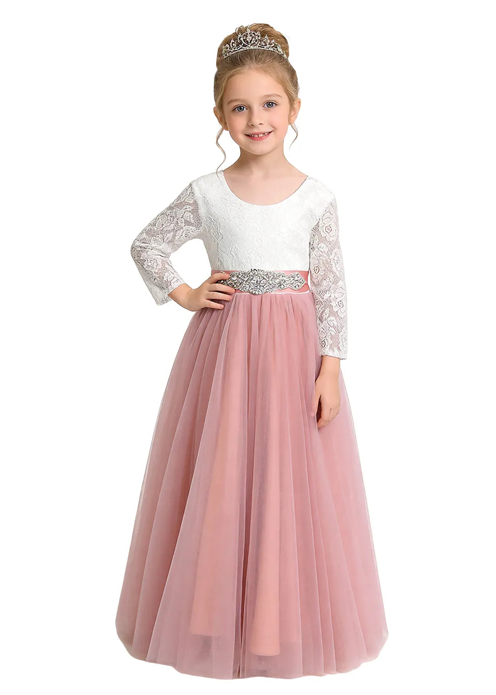 V-Back Lace Flower Girl Gown with Bow Sash