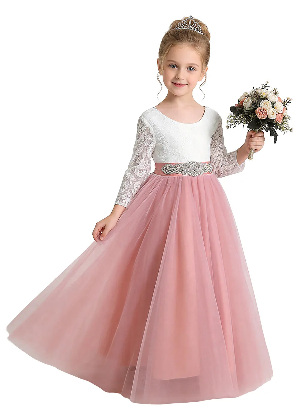 V-Back Lace Flower Girl Gown with Bow Sash