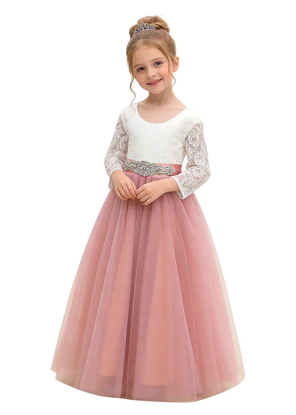 V-Back Lace Flower Girl Gown with Bow Sash