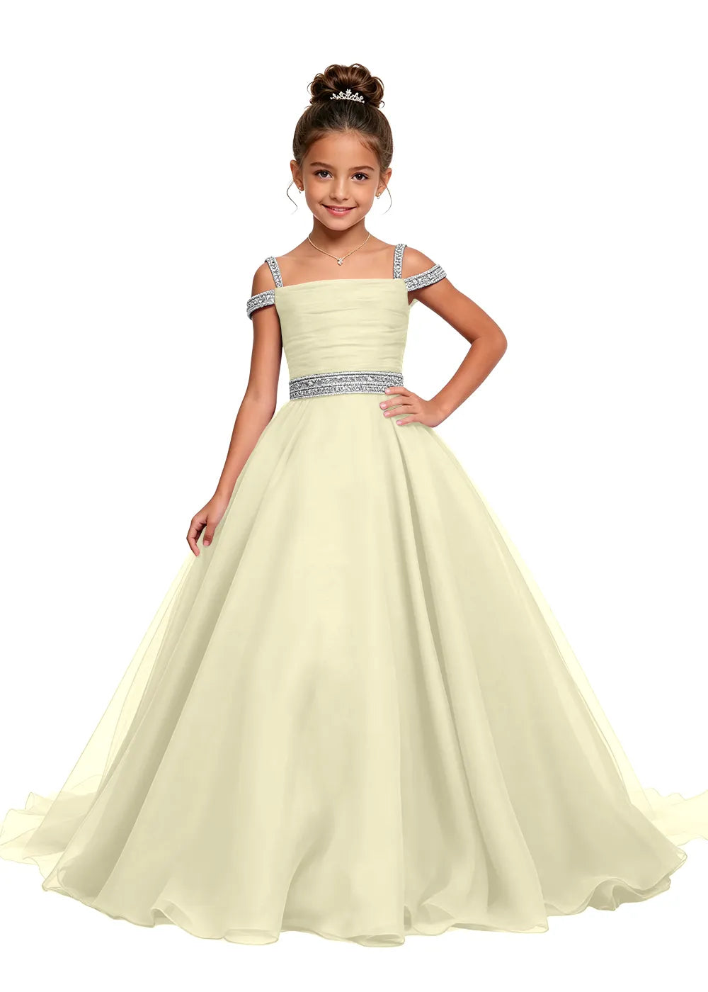 Beaded Strap Off-Shoulder Girls Ball Gown