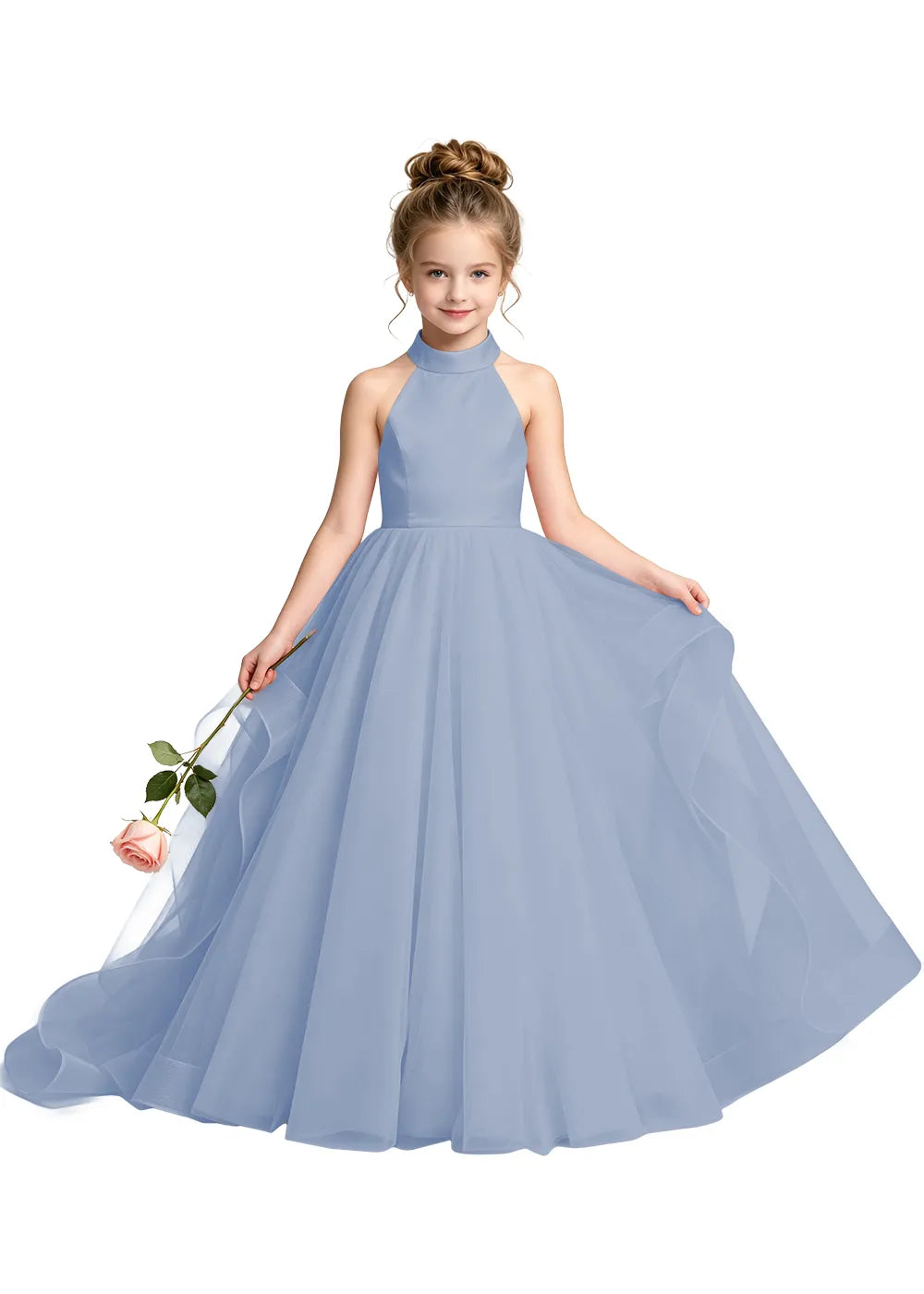 Halter Neck Bow-Back Tulle Girls Ball Gown