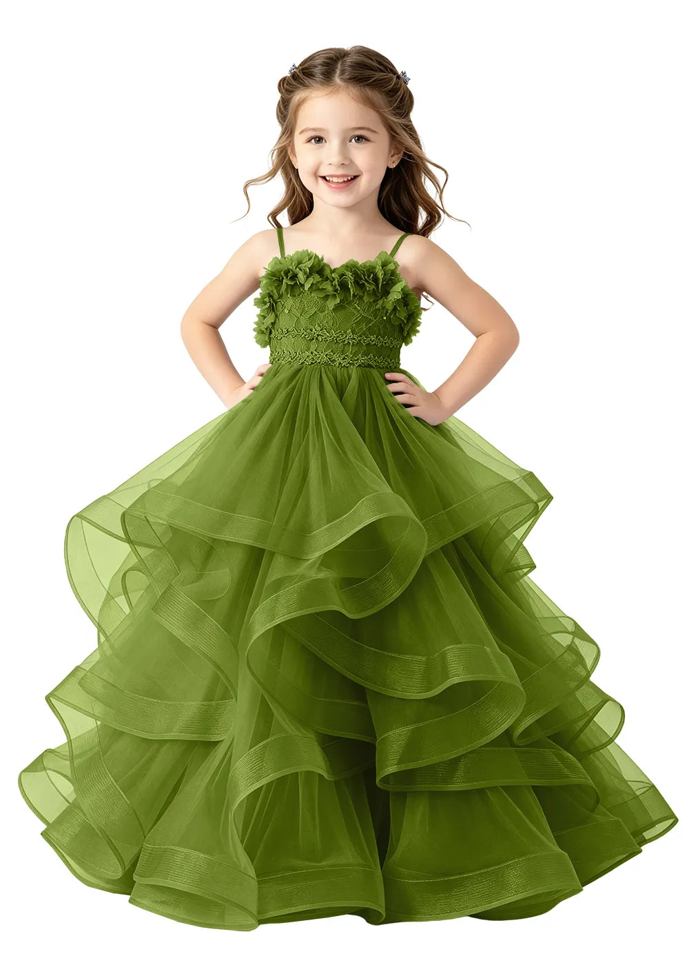 3D Floral Ruffle Tulle Girls Ball Gown