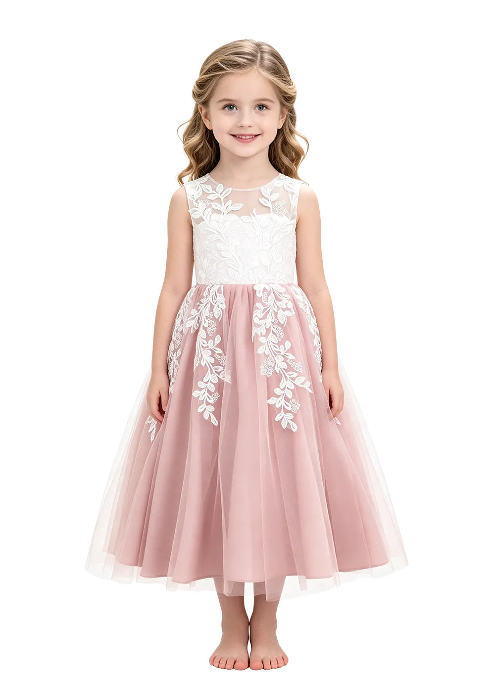 Sleeveless Lace Appliqué Tulle Flower Girl Dress
