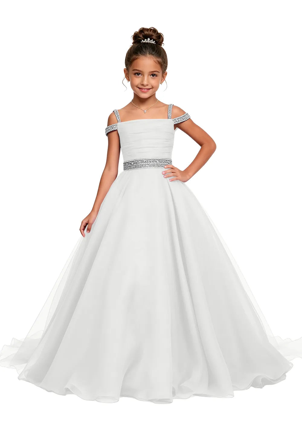 Beaded Strap Off-Shoulder Girls Ball Gown
