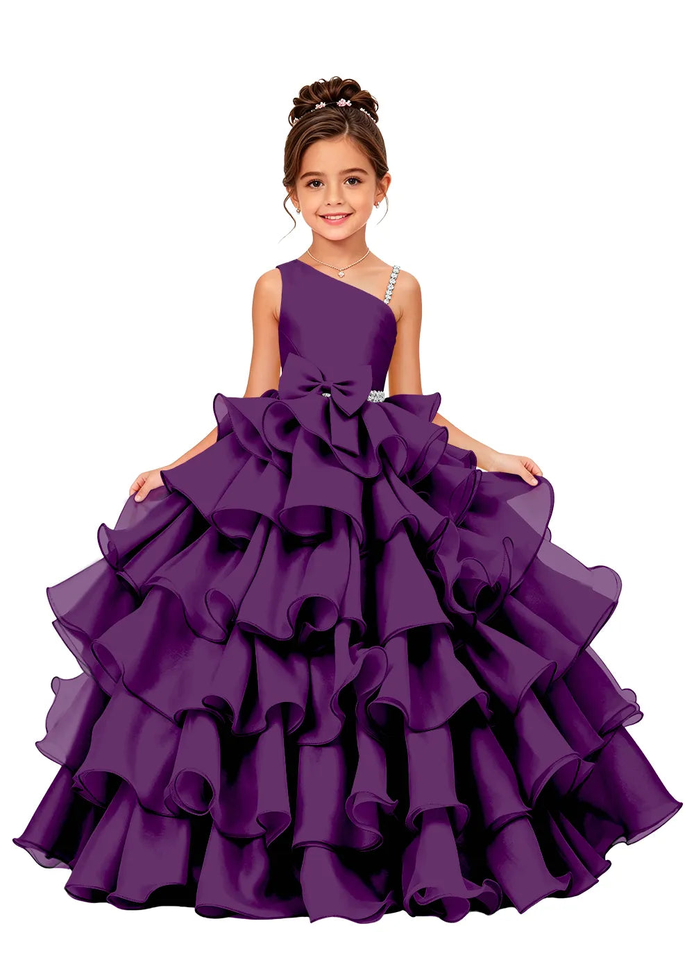 Asymmetrical Strap Tiered Organza Girls Pageant Dress