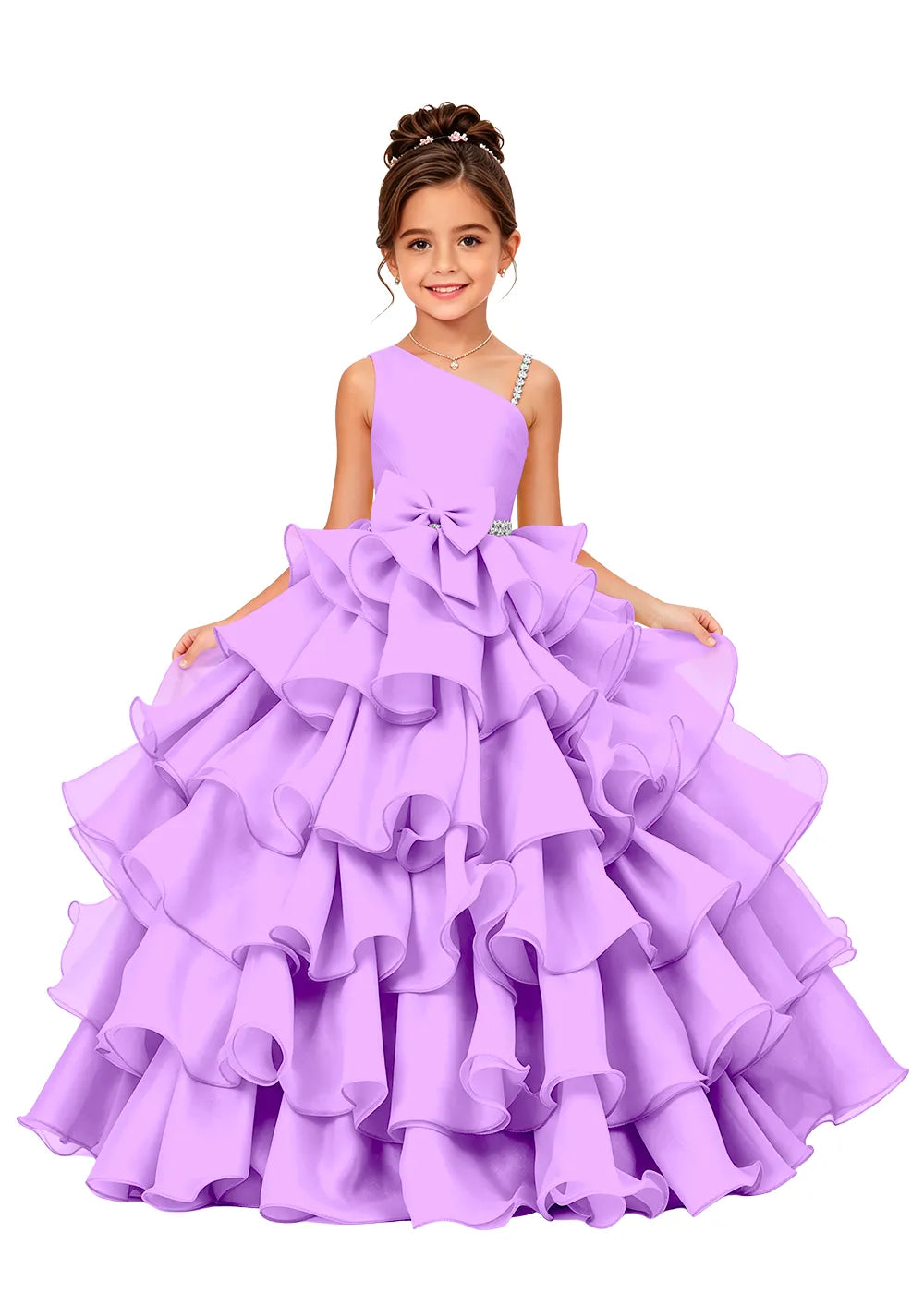 Asymmetrical Strap Tiered Organza Girls Pageant Dress