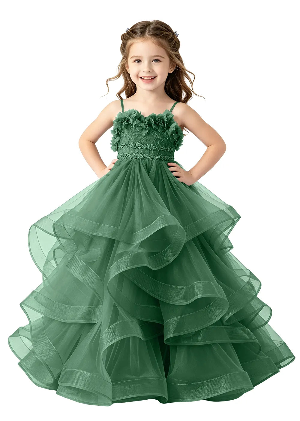 3D Floral Ruffle Tulle Girls Ball Gown