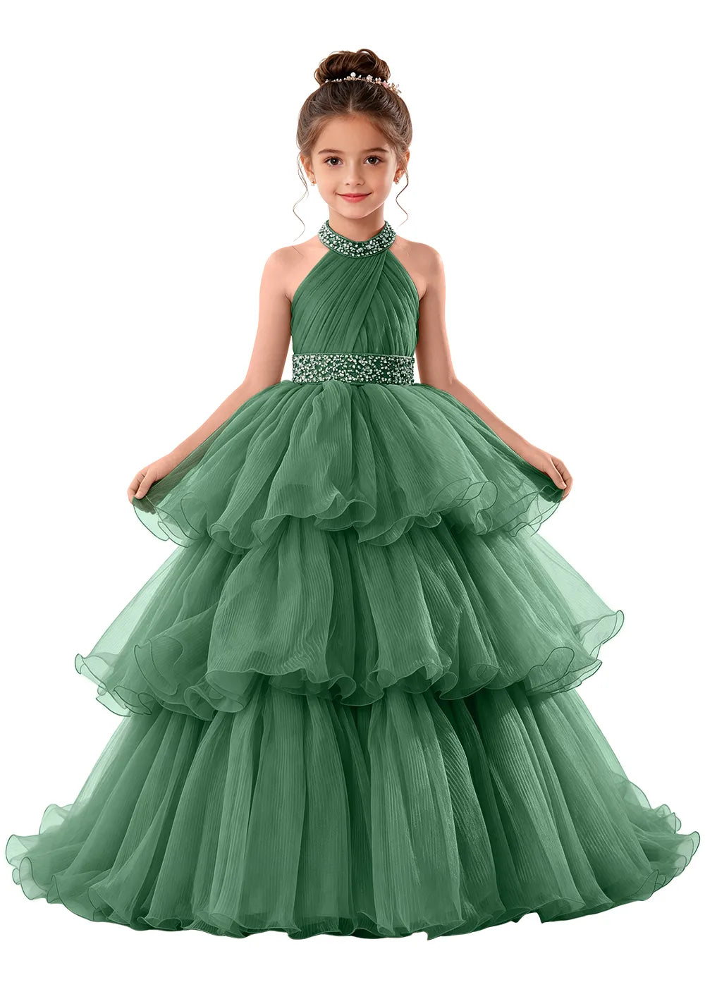 Beaded Halter Tiered Tulle Girls Pageant Gown