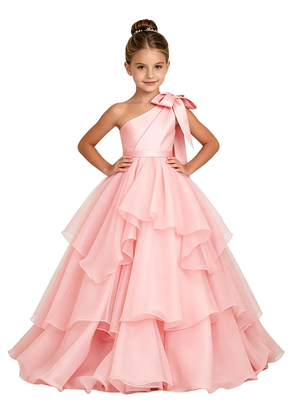 One-Shoulder Bow Tulle Girls Ball Gown